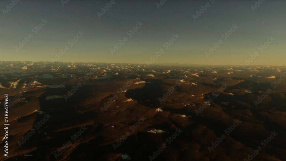 space art with landscape and planets in the sky. Mountains and clouds 3d render	
