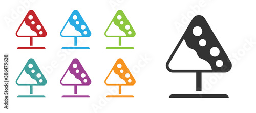 Black Road sign avalanches icon isolated on white background. Snowslide or snowslip rapid flow of snow down a sloping surface. Set icons colorful. Vector.
