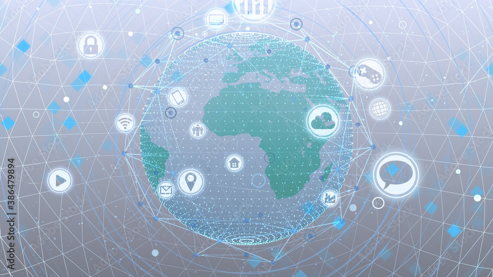 Fototapeta premium Technology Icon Network World Internet Digital devices on space Earth 3D illustration