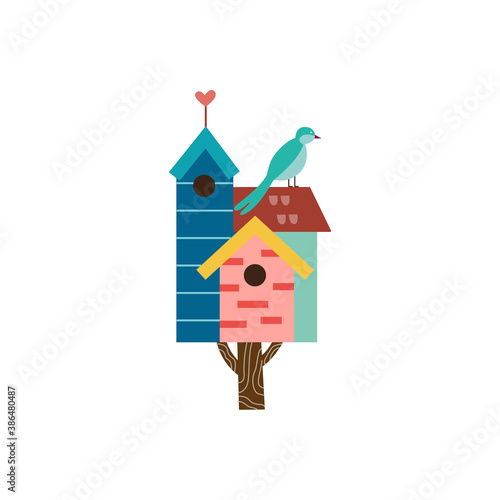 Cute spring birdhouse on tree with small bird flat vector illustration isolated.