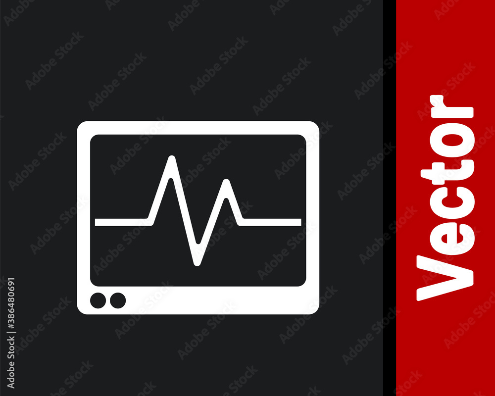 White Computer monitor with cardiogram icon isolated on black background. Monitoring icon. ECG monitor with heart beat hand drawn. Vector.