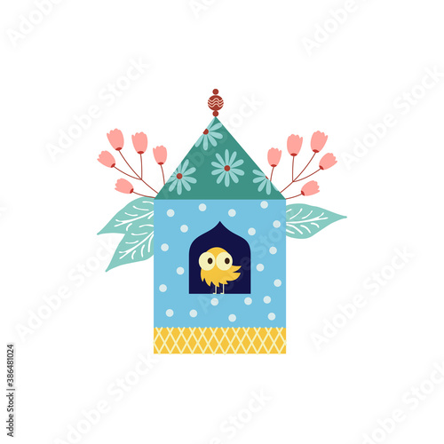 Vector isolated illustration of beautiful birdhouse with flowers and yellow bird