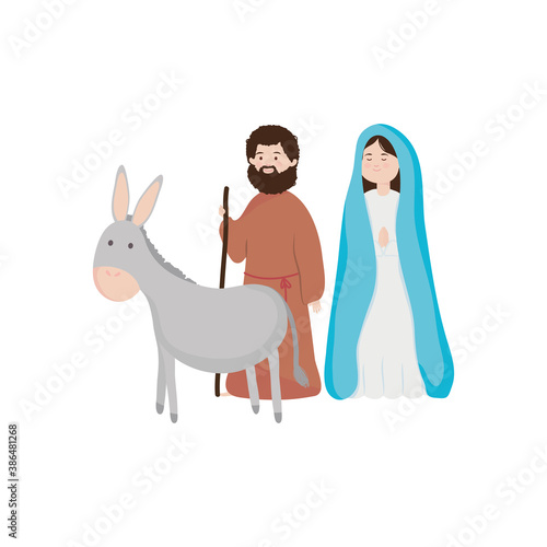 Nativity family concpet, Virgin Mary, Joseph and donkey, flat style