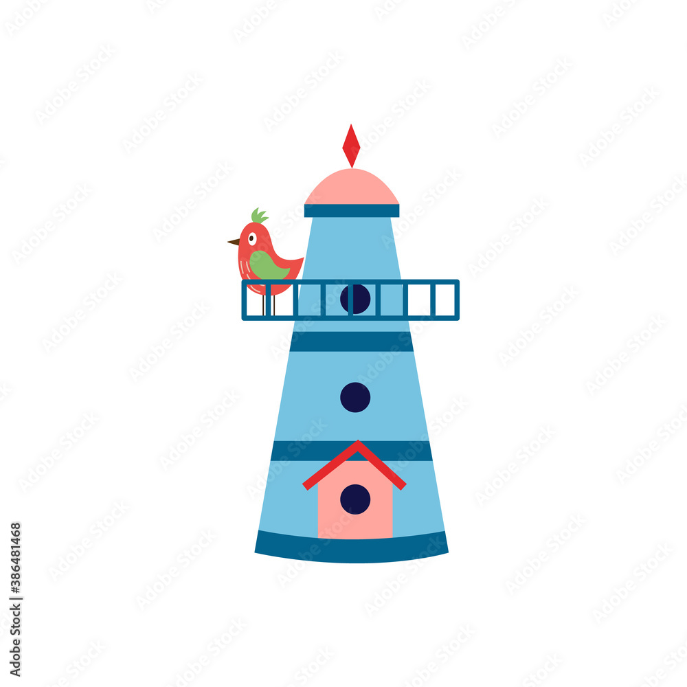 Birdhouse cartoon icon with small spring bird flat vector illustration isolated.