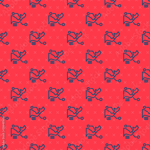 Blue line Prosthesis hand icon isolated seamless pattern on red background. Futuristic concept of bionic arm, robotic mechanical hand. Vector.