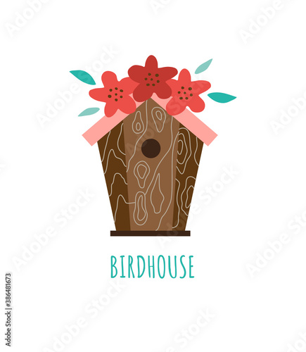 Card with colorful birdhouse and an inscription a vector isolated illustration