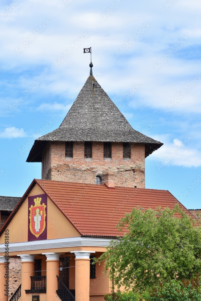 Lutsk, Ukraine - May, 2020: Medieval castle of Lubart in Lutsk.  Ukrainian landmark, domestic tourism.  Fortifications and courtyard.