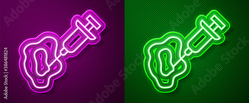 Glowing neon line GMO syringe icon isolated on purple and green background. Genetically modified organism acronym. Dna food modification. Vector.