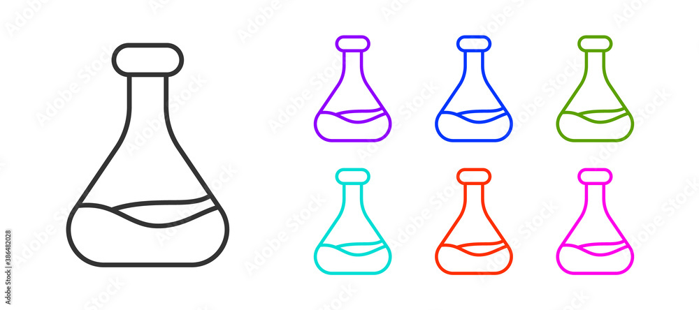 Black line Test tube and flask icon isolated on white background. Chemical laboratory test. Laboratory glassware. Set icons colorful. Vector. Black line Test tube and flask icon isolated on white background. Chemical laboratory test. Laboratory glassware. Set icons colorful. Vector.