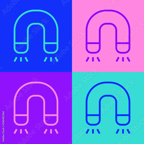 Pop art line Magnet icon isolated on color background. Horseshoe magnet, magnetism, magnetize, attraction. Vector.