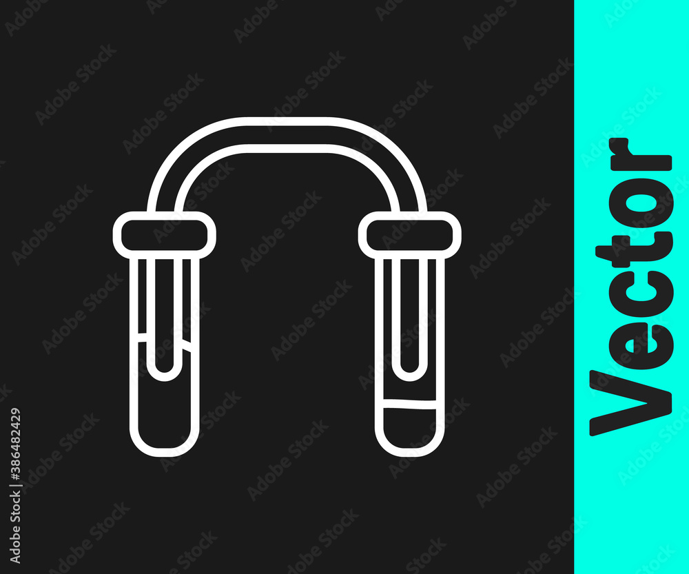 White line Test tube and flask - chemical laboratory test icon isolated on black background. Fluid transfer system. Laboratory glassware sign. Vector. White line Test tube and flask - chemical laboratory test icon isolated on black background. Fluid transfer system. Laboratory glassware sign. Vector.