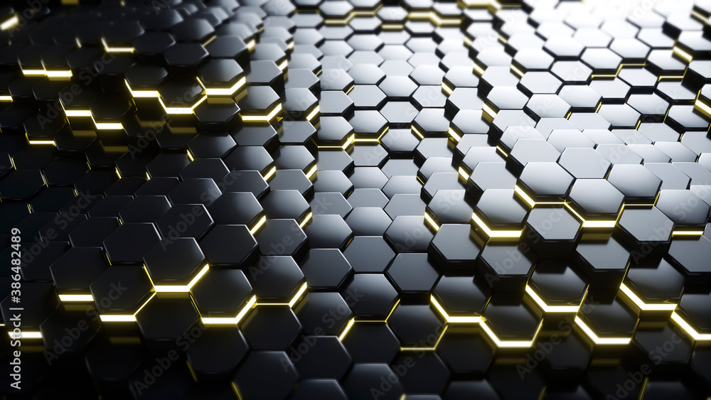 Dark abstract hexagons background. 3D render.