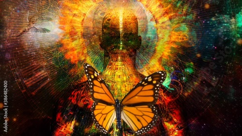Burning aura. Man with flamed halo