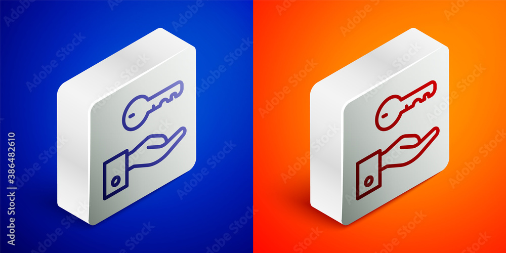 Isometric line Hotel door lock key icon isolated on blue and orange background. Silver square button. Vector. Isometric line Hotel door lock key icon isolated on blue and orange background. Silver square button. Vector.
