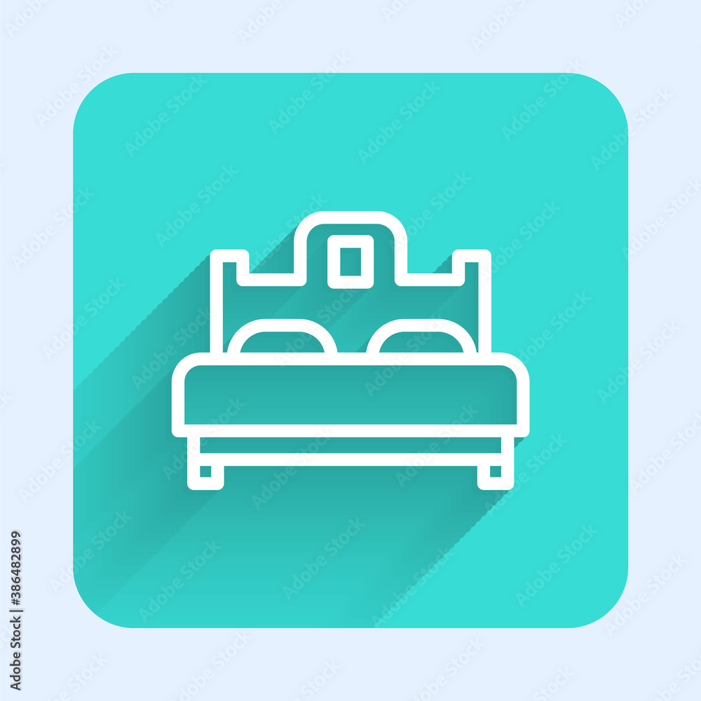 White line Bedroom icon isolated with long shadow. Wedding, love, marriage symbol. Bedroom creative icon from honeymoon collection. Green square button. Vector. White line Bedroom icon isolated with long shadow. Wedding, love, marriage symbol. Bedroom creative icon from honeymoon collection. Green square button. Vector.