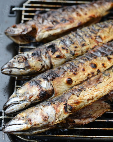 Grilled mackerel fish. Fatty, oily fish is an excellent and healthy source of DHA and EPA, which are two key types of omega-3 acid. Barbecue with fish. 