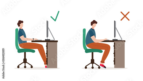 Correct and incorrect pose of person sitting on office chair a vector illustration