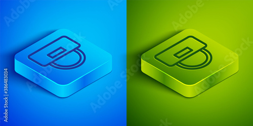 Isometric line Bellboy hat icon isolated on blue and green background. Hotel resort service symbol. Square button. Vector.