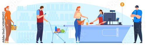 The queue at the checkout in the supermarket, the cashier accepts the goods, the security guard monitors the order in the supermarket. Vector illustration