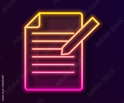 Glowing neon line Document and pen icon isolated on black background. File icon. Checklist icon. Business concept. Vector.