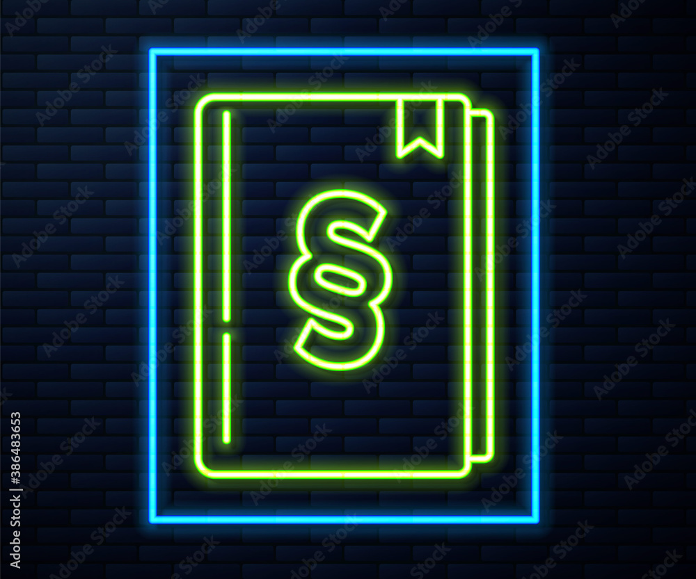 Glowing neon line Law book icon isolated on brick wall background. Legal judge book. Judgment concept. Vector. Glowing neon line Law book icon isolated on brick wall background. Legal judge book. Judgment concept. Vector.