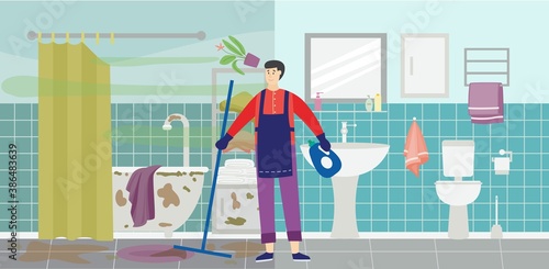 Cleaning service worker in dirty messy bathroom flat vector illustration.