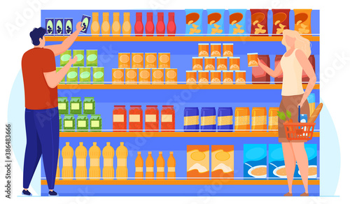 People choose goods near the shelves with products. Vector illustration