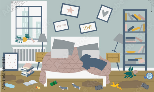 Interior of a dirty uncomfortable bedroom a vector flat illustration