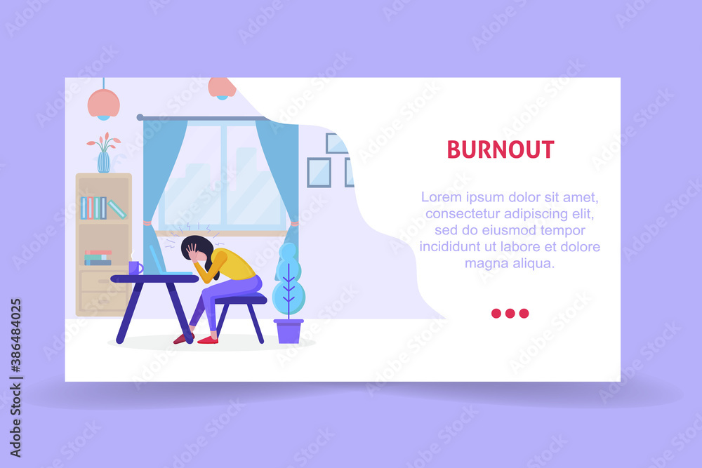 Work burnout. Tired female worker sitting at the table. Long working day in the office. Mental health problem. Flat vector illustration. Vector illustration