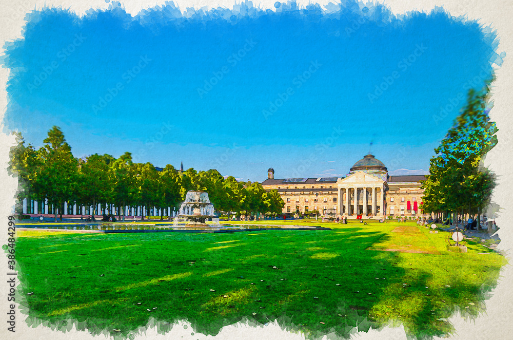 Watercolor drawing of Wiesbaden Kurhaus or cure house spa and casino building and Bowling Green park with grass lawn, trees alley and pond with fountain in historical city centre, State of Hesse