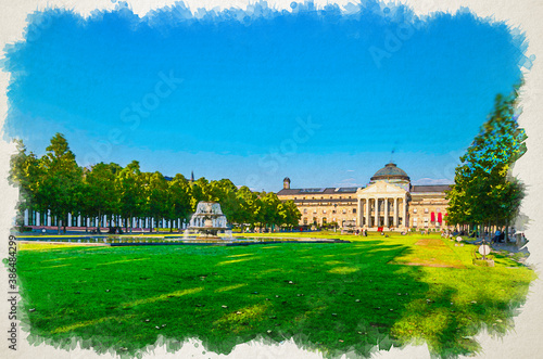 Watercolor drawing of Wiesbaden Kurhaus or cure house spa and casino building and Bowling Green park with grass lawn, trees alley and pond with fountain in historical city centre, State of Hesse