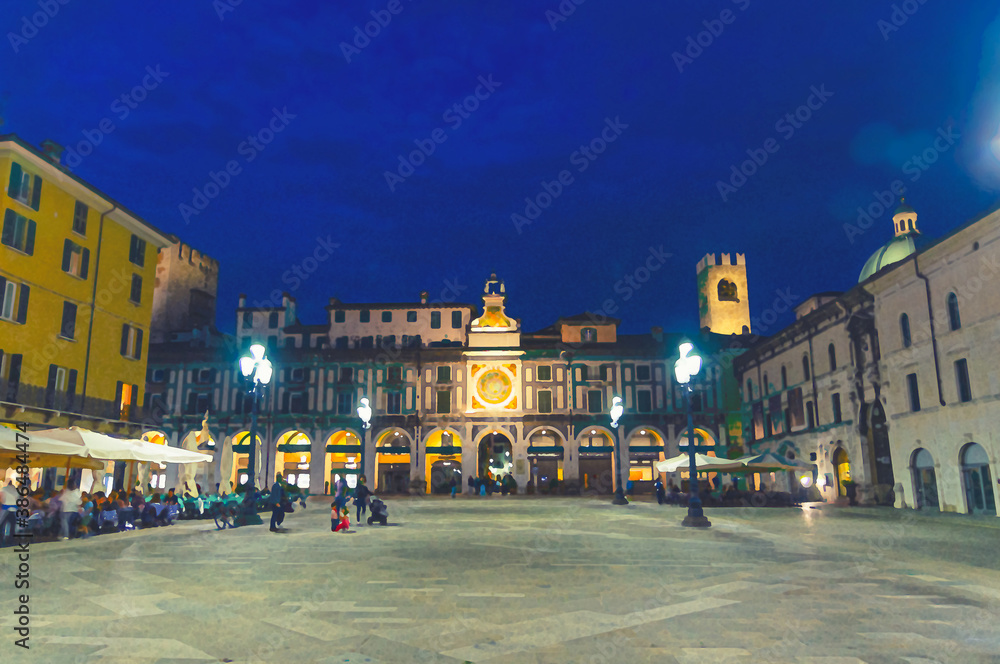 Watercolor drawing of Torre dell'Orologio tower Renaissance style building with astronomical clock, street lights in Piazza della Loggia Square, Brescia city historical centre, night evening view
