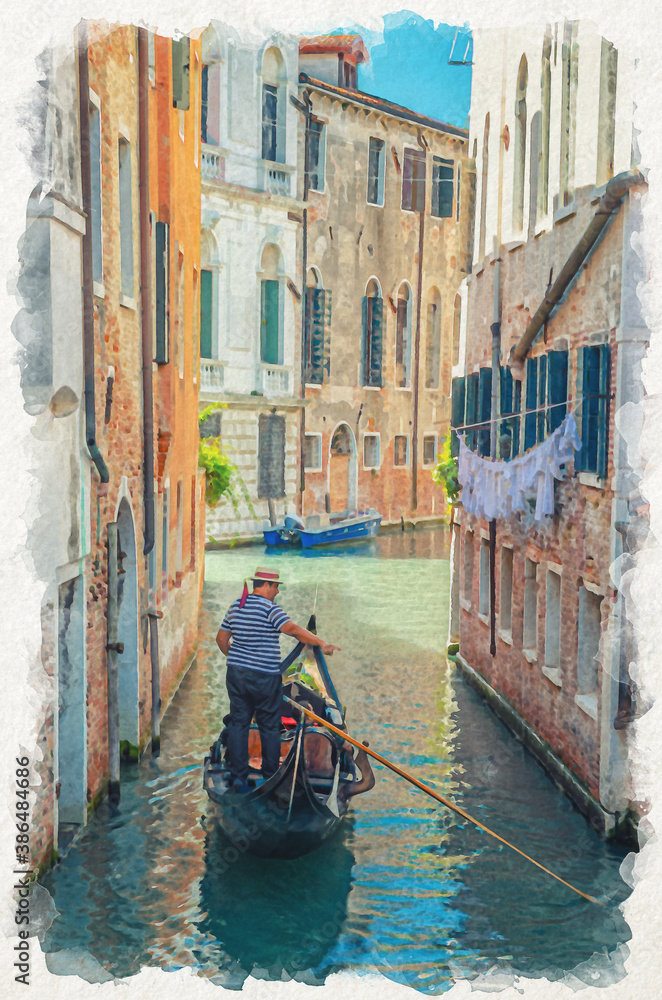 Watercolor drawing of Venice: Gondola sailing narrow canal between old buildings with brick walls. Gondolier dressed traditional white and blue striped short-sleeved polo shirt and boater hat