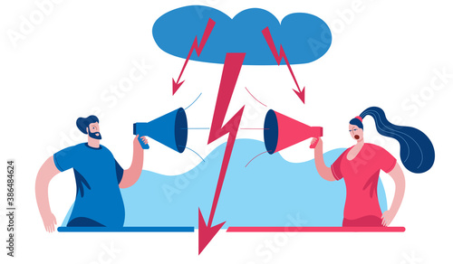 A man and a woman are arguing in megaphones. Vector illustration in outline style on the theme of equality between men and women.