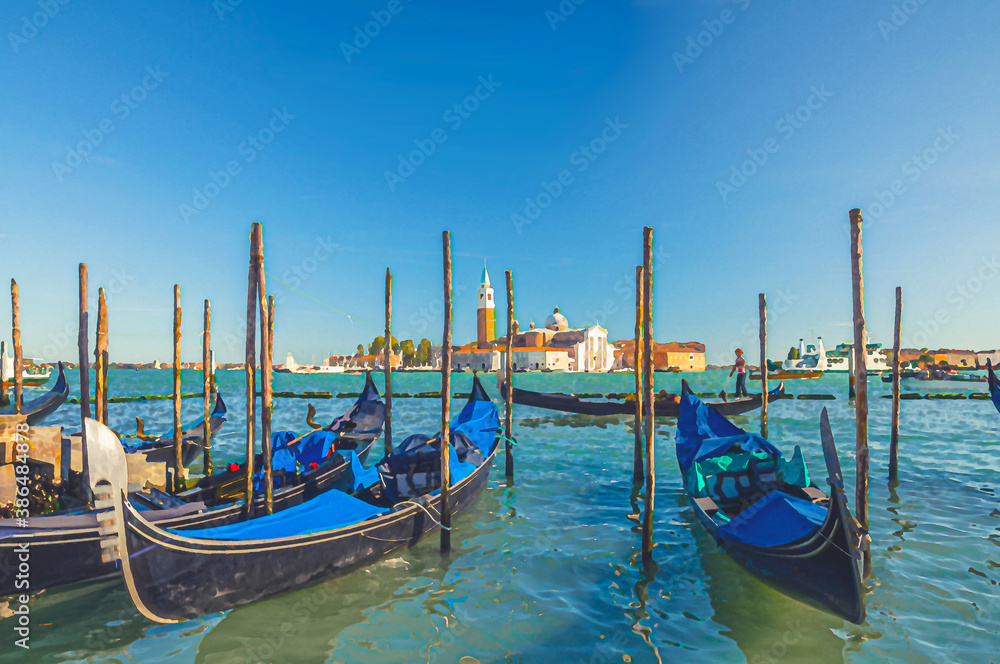 Watercolor drawing of Gondolas moored docked on water in Venice. Gondoliers sailing San Marco basin waterway. San Giorgio Maggiore island with Campanile San Giorgio in Venetian Lagoon