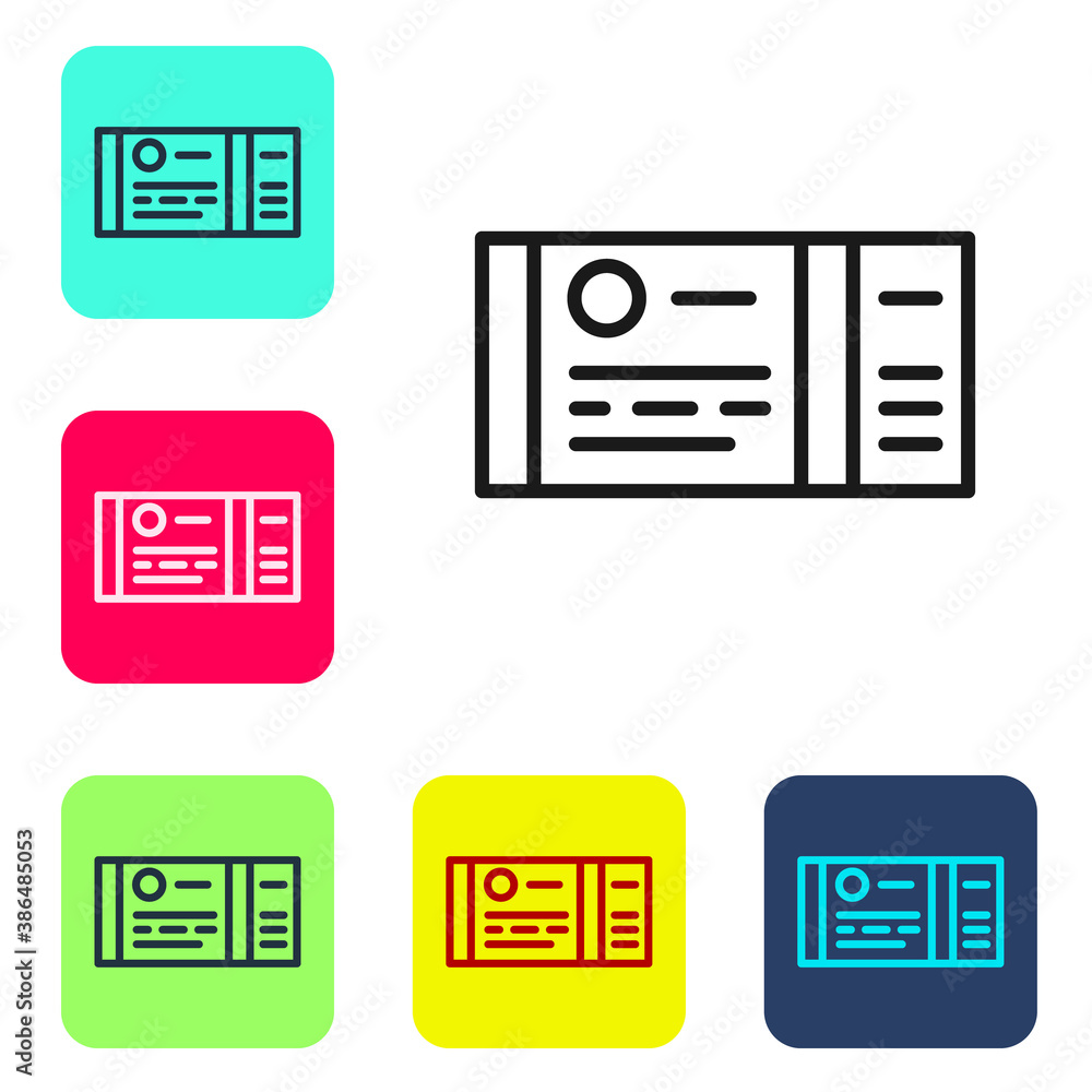 Black line Train ticket icon isolated on white background. Travel by railway. Set icons in color square buttons. Vector. Black line Train ticket icon isolated on white background. Travel by railway. Set icons in color square buttons. Vector.