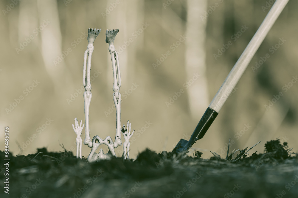 the legs of the skeleton and the shovel are stuck in the ground