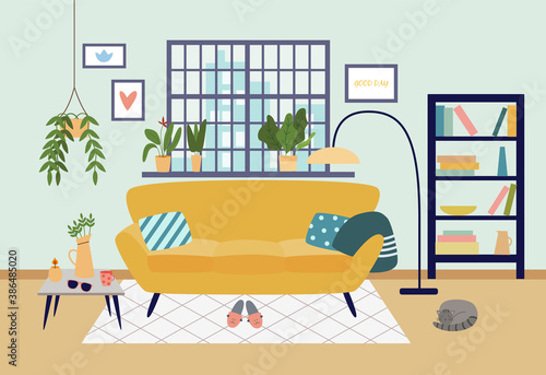 Interior cozy living room in house a vector flat illustration