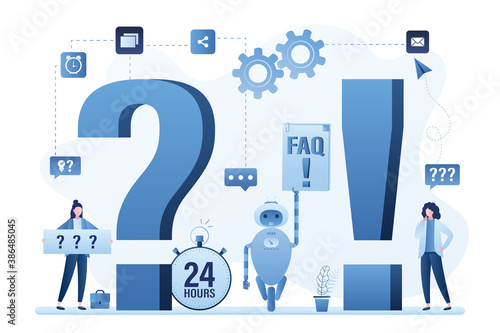 People ask questions, hotline or 24 hours support. Chat Bot gives answers, FAQ or user guide. Automated assistance technology
