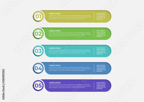Creative presentation label design for infographics in 5 steps. Horizontal option banner. Graphic resource elements suitable for workflow, annual report, graph, layouts, brochure, business report.