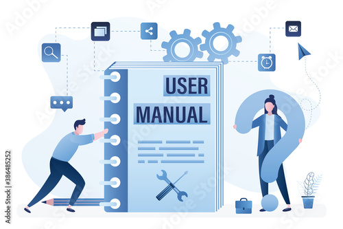 Businesswoman holds big question and need help. Male manager gives user manual or FAQ. Female user and support service.