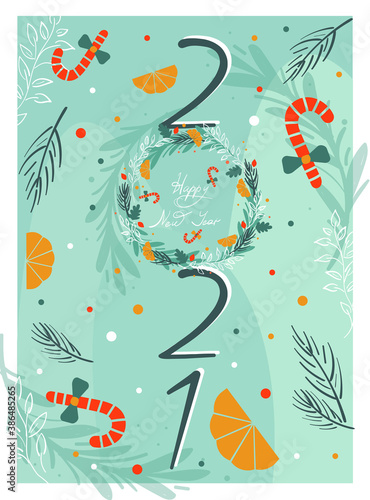 Green bright christmas card with 2021 lettering. Christmas and New Year postcards. Hand Drawn style. Flat doodle holiday postcards template