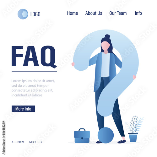 FAQ landing page template. Businesswoman with big question mark. User guide or manual, banner. Solving business problems.