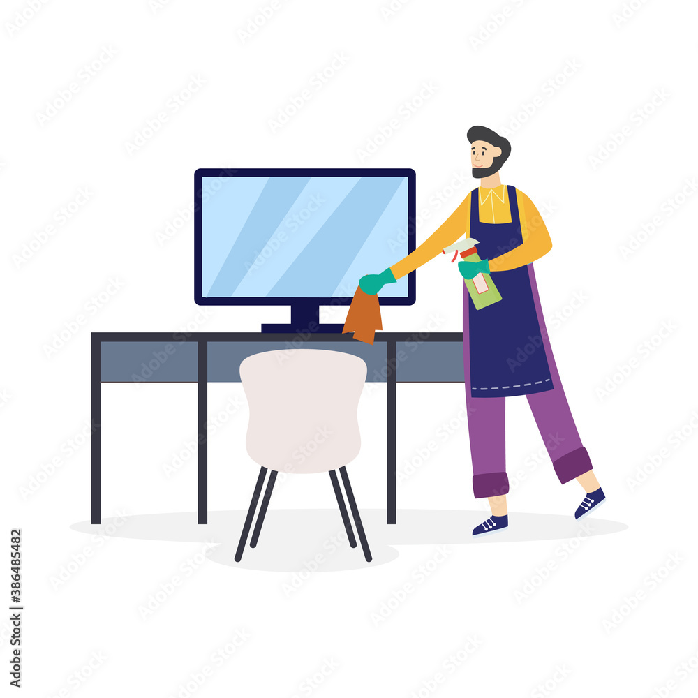 Man cleaning workplace using cleaners, flat cartoon vector illustration isolated