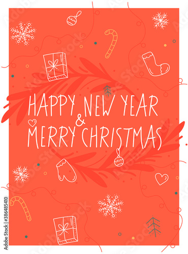 Red bright christmas card with holiday elements. Christmas and New Year postcards. Hand Drawn style. Flat doodle holiday postcards template