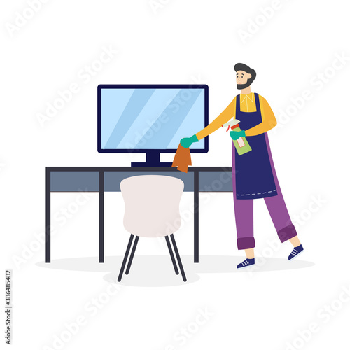 Man cleaning workplace using cleaners, flat cartoon vector illustration isolated