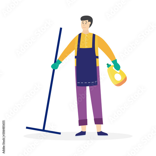 Man with mop busy with domestic chores, flat vector illustration isolated.