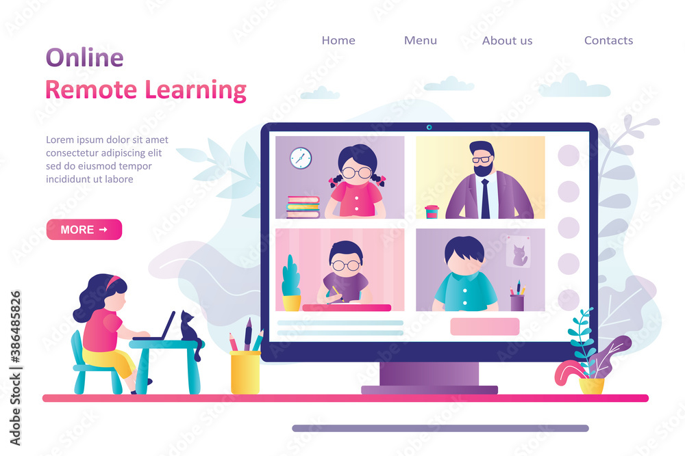 Online remote learning landing page template. Schoolgirl at workplace, video conference with teacher and schoolchildren.
