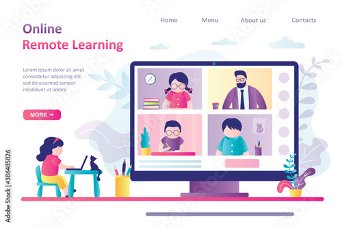 Online remote learning landing page template. Schoolgirl at workplace, video conference with teacher and schoolchildren.