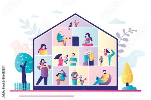 Modern city building. Various people in rooms. People stay at home. Urban view, weekend day concept banner.